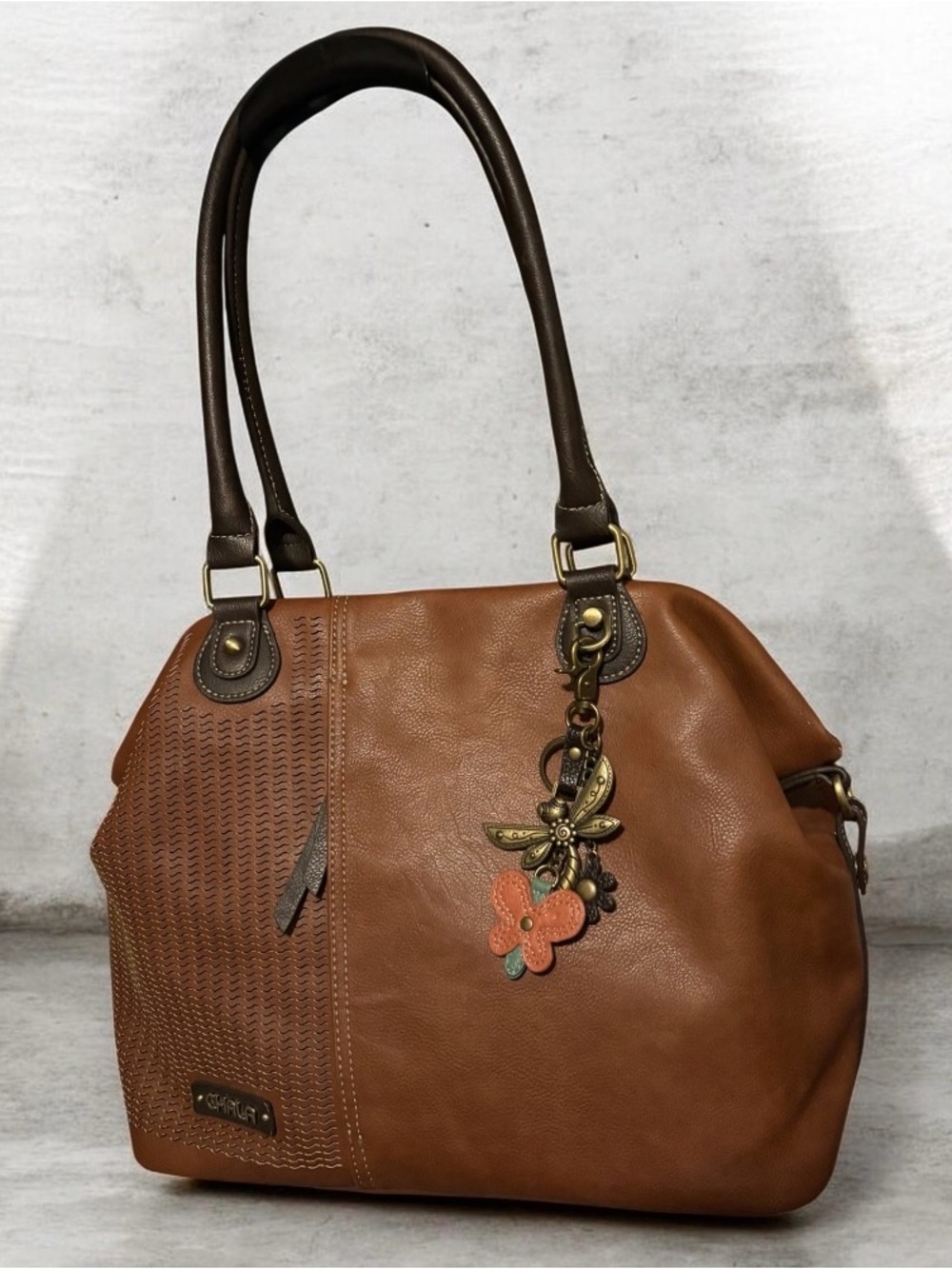 CHALA Brown Vegan Leather Laser Cut Shoulder Bag Tote w/ Dragonfly Flower Charm